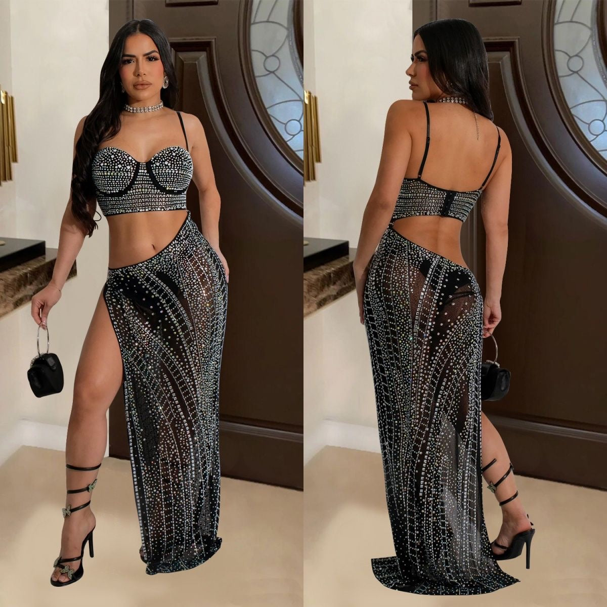 Women's sheer sequined dress with rhinestone embellishments dress๐ (30% advance payment) vibrant vogue