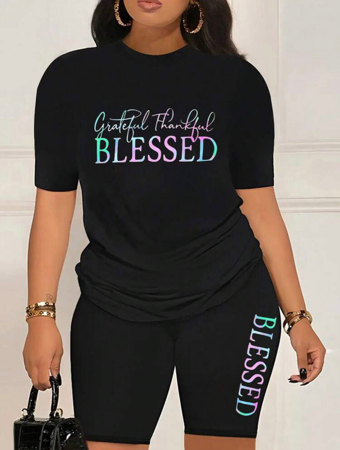 Plus Size Women's Letter Print Loose T-Shirt And Tight Shorts Set Black Elegant Summer sportswear👉(30% advance) 10-15 days delivery, vibrant vogue