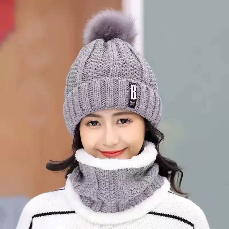 Autumn and Winter Cross-Border Women's Hat Set with Letter B Logo Set Fleece-Lined Neck and Ear Protection Two-Piece Set Fur Ball Knitted M👉(30% advance) 10-15 days delivery, vibrant vogue