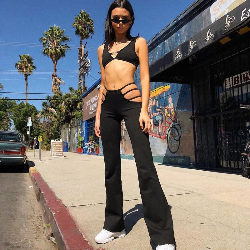 European and American style explosion sexy waist hollow flared pants low waist solid color slim pants milk silk stretch women's pants πvibrant vogue (last picture for size chart)