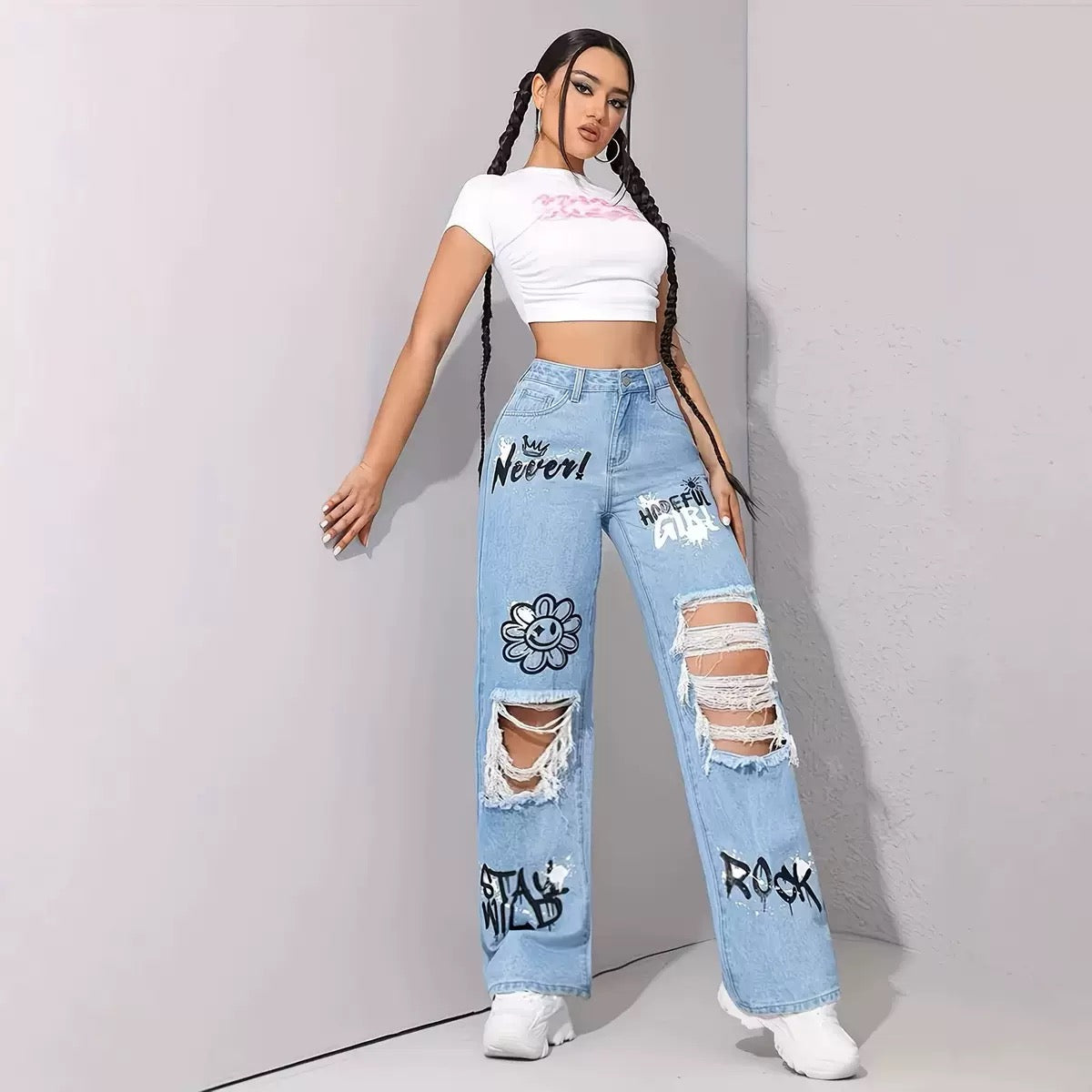 European and American Style Women's Light Blue Printed Jeans with Large Holes, Frayed Edges, Wide-Leg, High-Waisted, Street Style, Straight-Cut, Floor-Length, Trendy Brand π(30% advance) 10-15 days delivery, vibrant vogue.