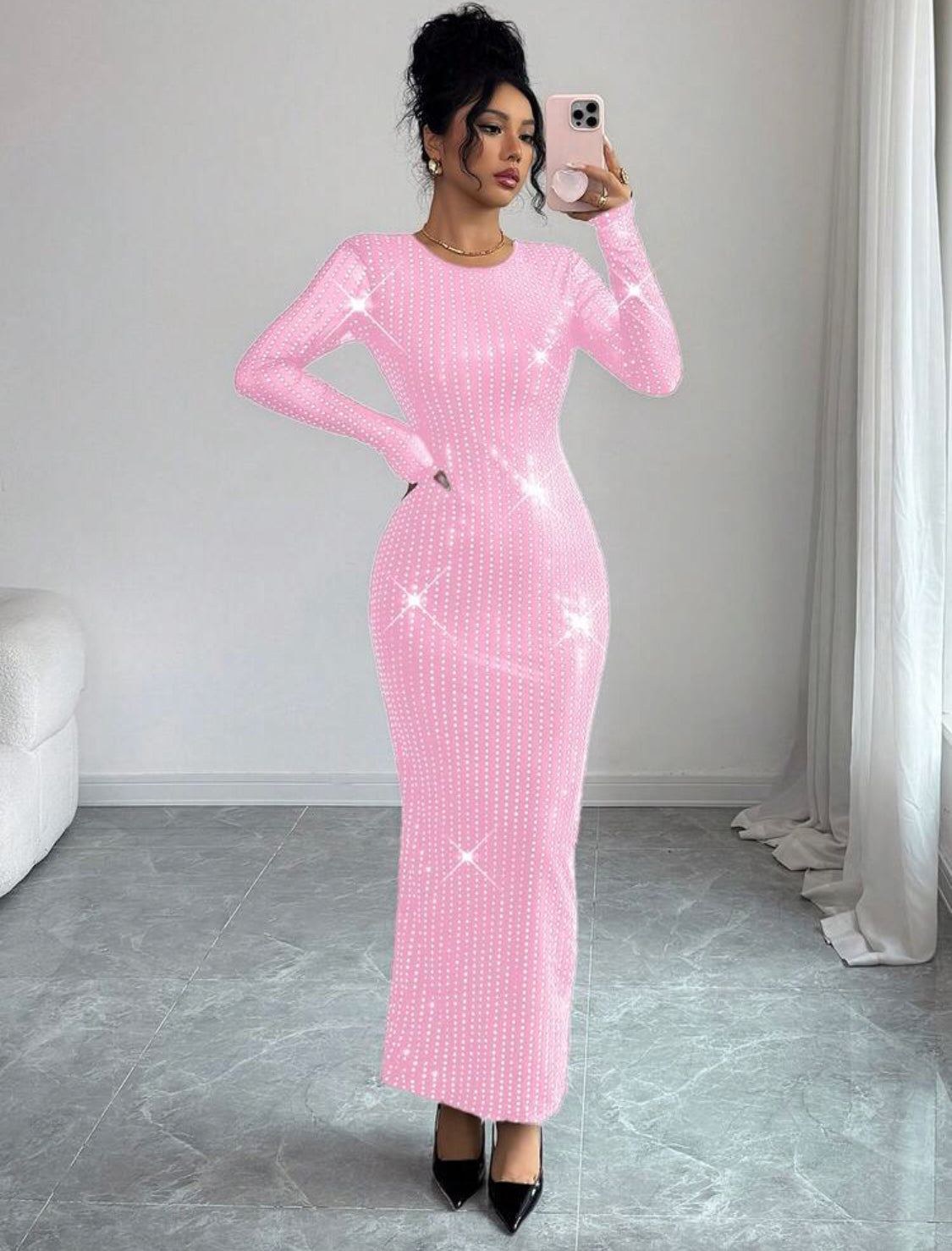 Women's Sequin Mesh Fabric Round Neck Long Sleeve Backless Sexy Lace-Up Dress