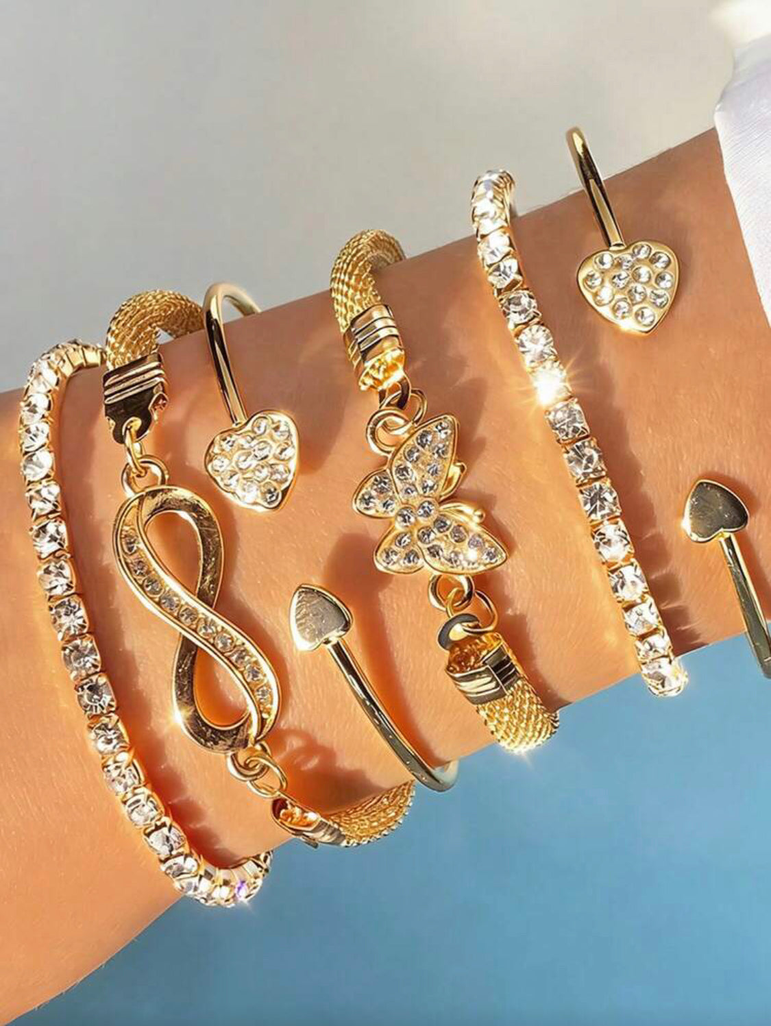 6pcs Luxury Minimalist Personalized Metal Rhinestone Butterfly, Heart, Infinity Symbol Multi-Layer Stackable Bangle Bracelet Set For Women