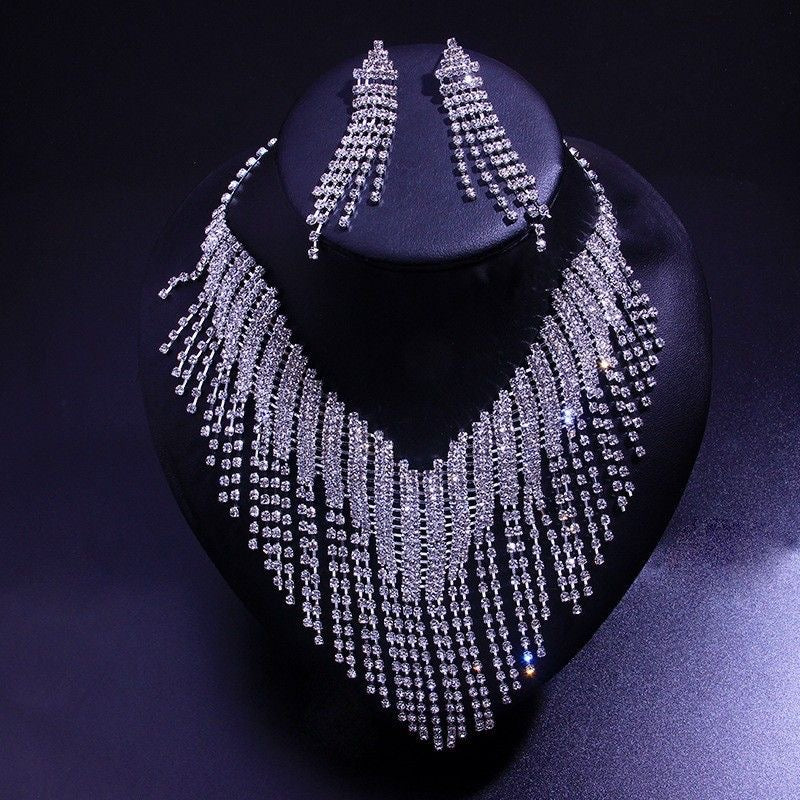 Elegant and Luxurious Rhinestone Tassel Necklace and Earring Set for Women, jewelry