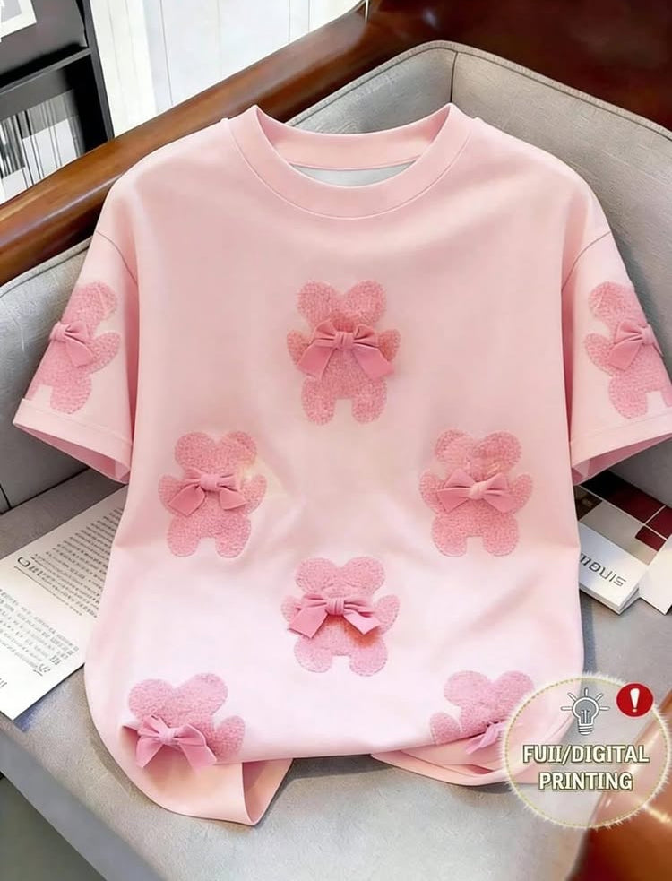 Women's Pink 3D Plush Bear Bow Pattern T-Shirt,Summer Cute School Round Neck Short Sleeved Loose Casual Y2K Aesthetic Sweet Kawaii Top Daily Outings