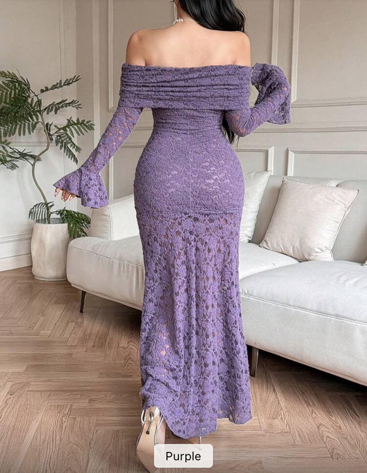 Women's Elegant Solid Color Lace Off-Shoulder Flare Sleeve Long Dress.