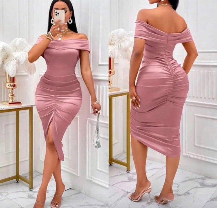 Off Shoulder Ruched Side Satin Asymmetrical Hem Dress Party Dress Maxi Women Outfit