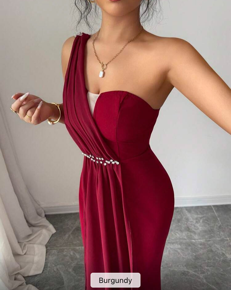 Women's Elegant Dining Dress,Pearl Decor Asymmetrical Shoulder Bustier Waist Cinching Fishtail Hem Patchwork Parties Gatherings dress