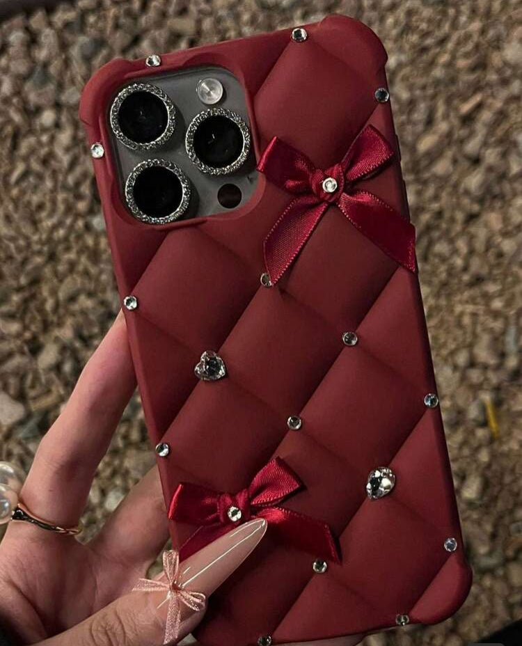 12-Pro-Max 2026 Glitter Quilted Phone Case, 3D Rhinestone Bow Soft Cover, Elegant Bling Style For Girls, Compatible With Phones 11-17 Series Pro Max