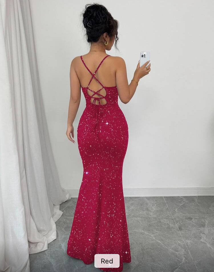 Women's Elegant Banquet Glitter Spaghetti Strap Open Back Mermaid Dress,