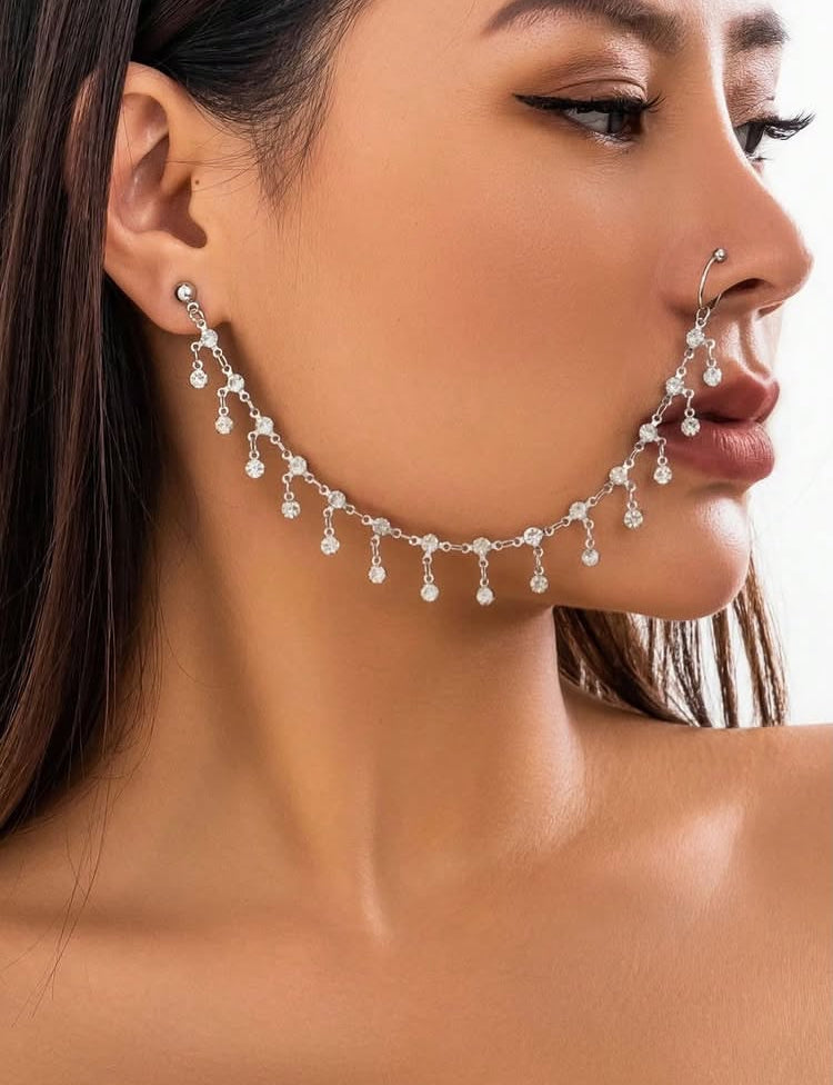 1pc Elegant Versatile Minimalist Chain Tassel Nose Ring & Earring Set, Suitable For Women, Ideal For Holidays, Parties, Daily Wear, Exquisite Gift For Halloween, Christmas, Thanksgiving, Birthday