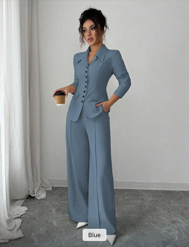 Elenzga Women's Dusty Blue 2-Piece Set,Autumn Elegant Office Professional Outfit,V-Neck Blazer Design Contrast Color Button Fake Pocket Teacher Uniform