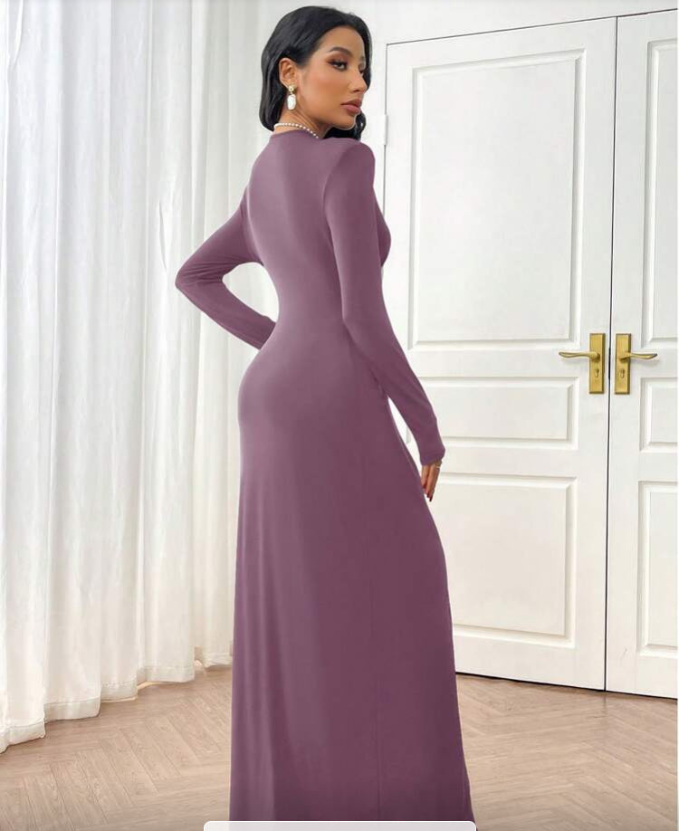 Women's Solid Color Long Sleeve Arabic Style Dress, Fashionable For Summer