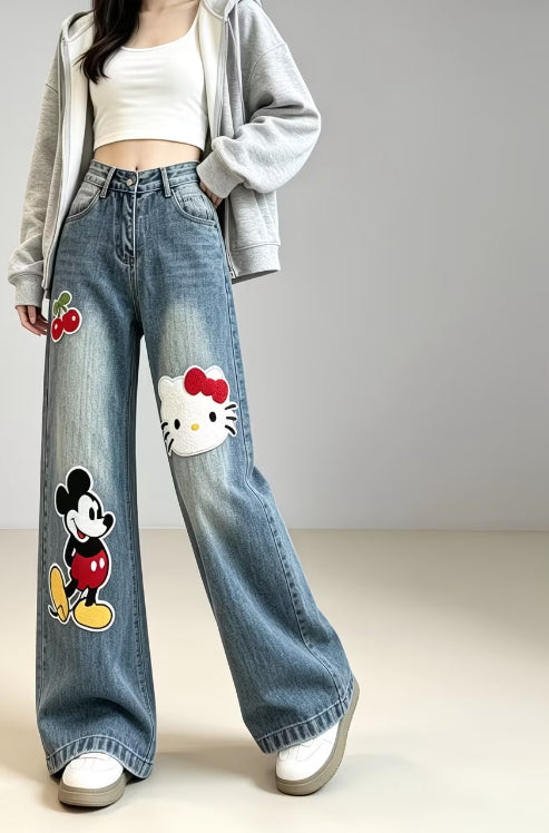 Soft and draped straight-leg jeans with 3D animal and fruit terry cloth appliqués, high-waisted, loose-fitting, floor-length wide-leg pants.