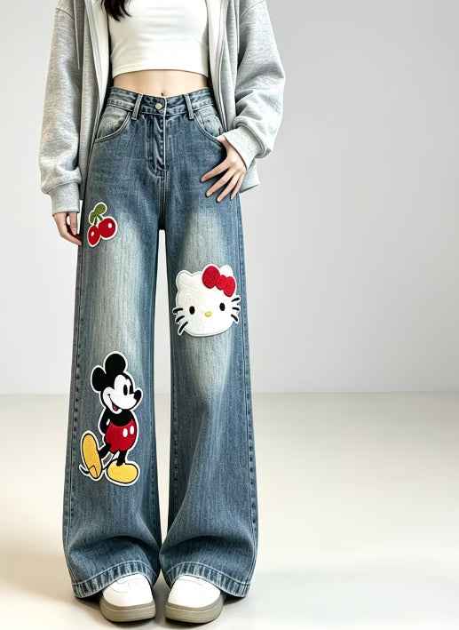 Soft and draped straight-leg jeans with 3D animal and fruit terry cloth appliqués, high-waisted, loose-fitting, floor-length wide-leg pants.