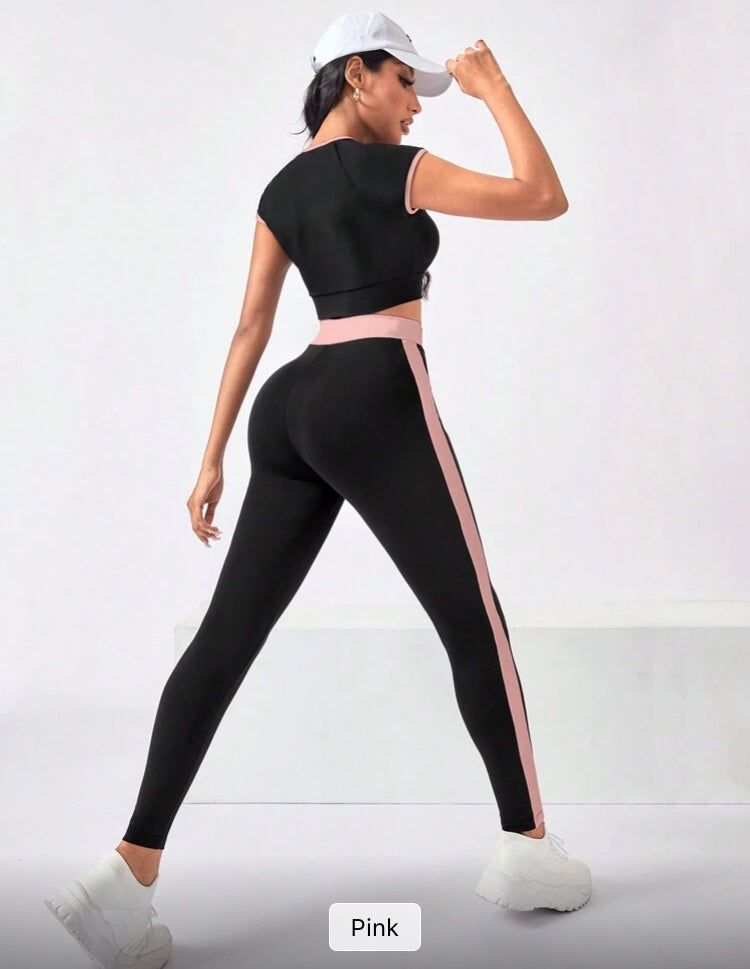 Gym wear/Sportwear Set Crew Neck Short Sleeve Contrast Zipper Top & Striped Design Long Pants Workout Women Set Women Leggings Set, exercise,yoga