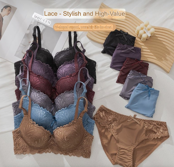 Anqisheng Exquisitely Designed Lace Lingerie Set: W-Shaped Strong Support Women's Push-Up Bra with Side Boob Reduction and Shaping
