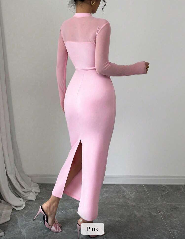 Pink Elegant Quality Mesh Panel Long Sleeve Midi Dress, Waist Defined Party Dress With Slit Fall Cloth For Women