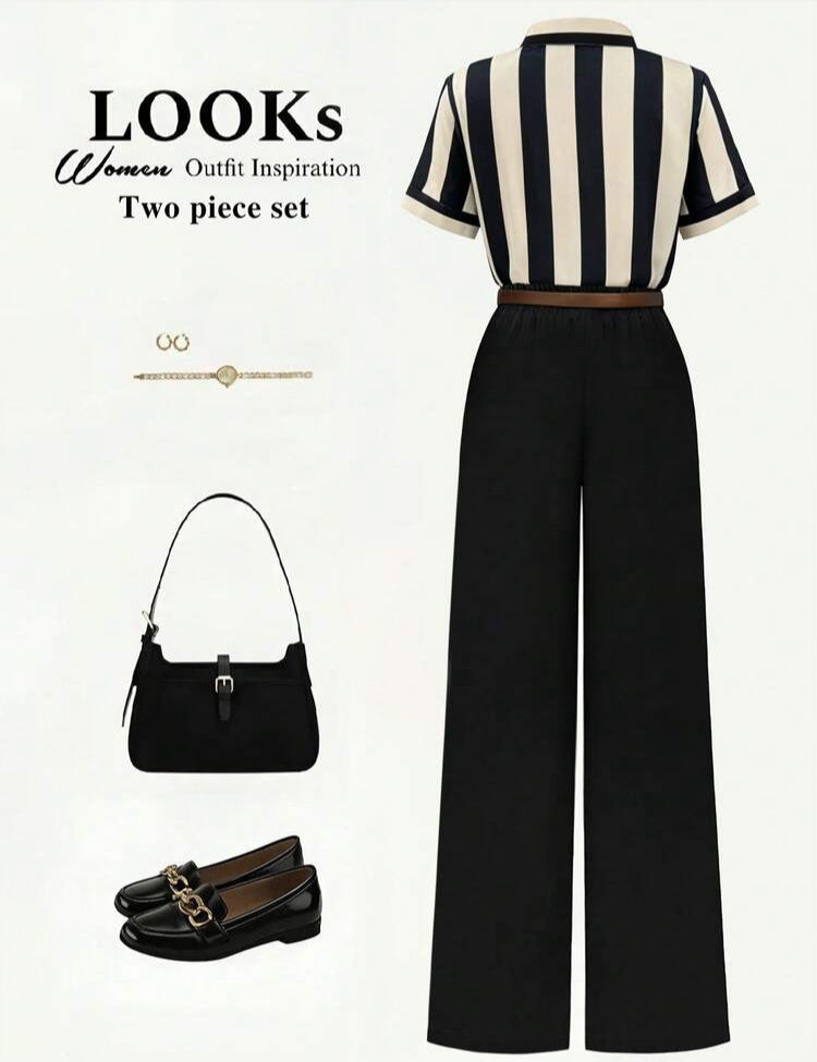 Women's Striped Shirt Top And Solid Color Straight Leg Pants 2 Pieces Set,Black Summer Casual Office Fashion Outfit,Business Work Retro Two Pieces Set