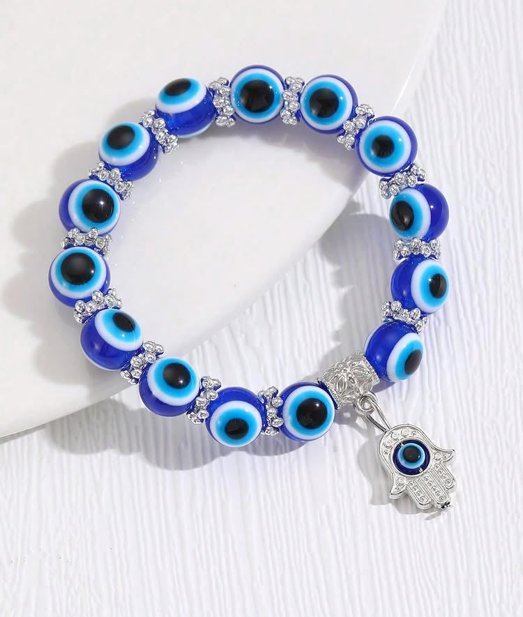 Evil Eye Bracelet Hamsa Hand Pendant Bracelet Elastic Beaded Bracelet (The Number Of Beads Is Randomly 14 Or 15)
