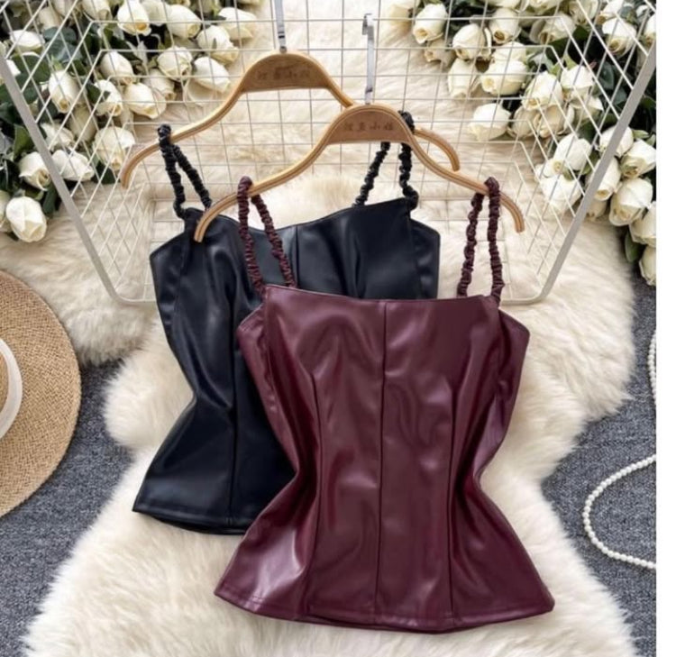 Hot European and American style PU leather tank top, suspender camisole, women' inner layer short base layer top,