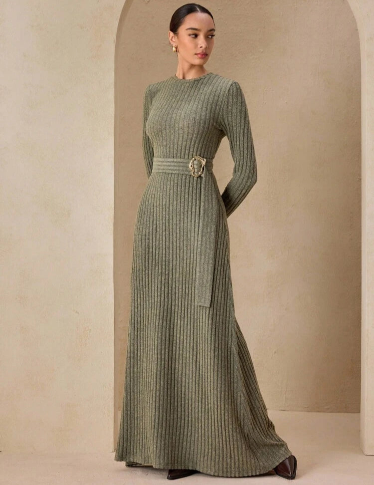 Graceveil Autumn Green Knitted Fuzzy Textured Fabric Metal Decor Casual Dress
