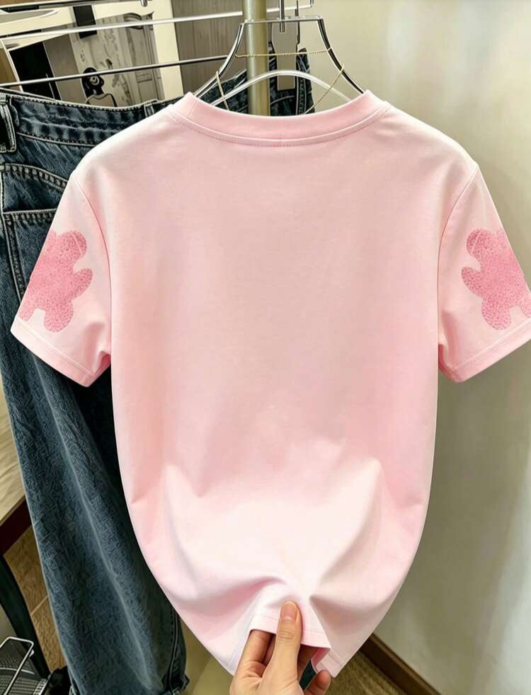 Women's Pink 3D Plush Bear Bow Pattern T-Shirt,Summer Cute School Round Neck Short Sleeved Loose Casual Y2K Aesthetic Sweet Kawaii Top Daily Outings