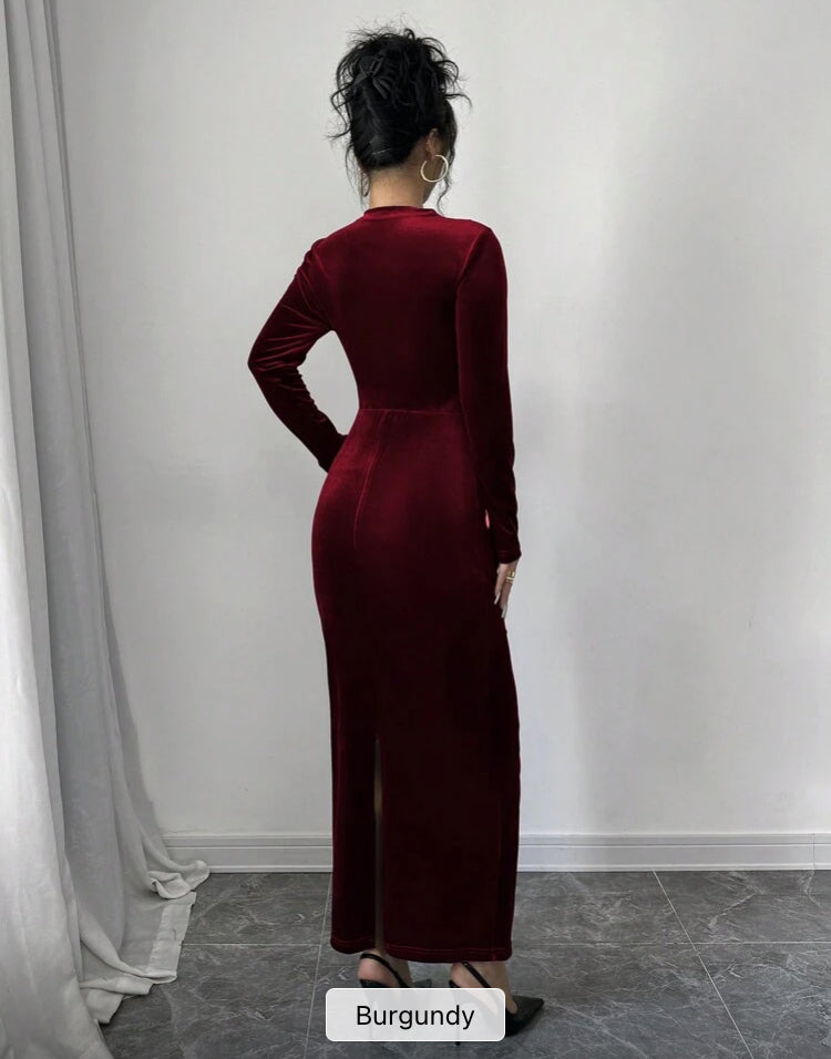 Women Elegant Velvet Asymmetric Ruffle Split Hem Dress Burgundy Maxi Women Outfit Fall Cloth For Women