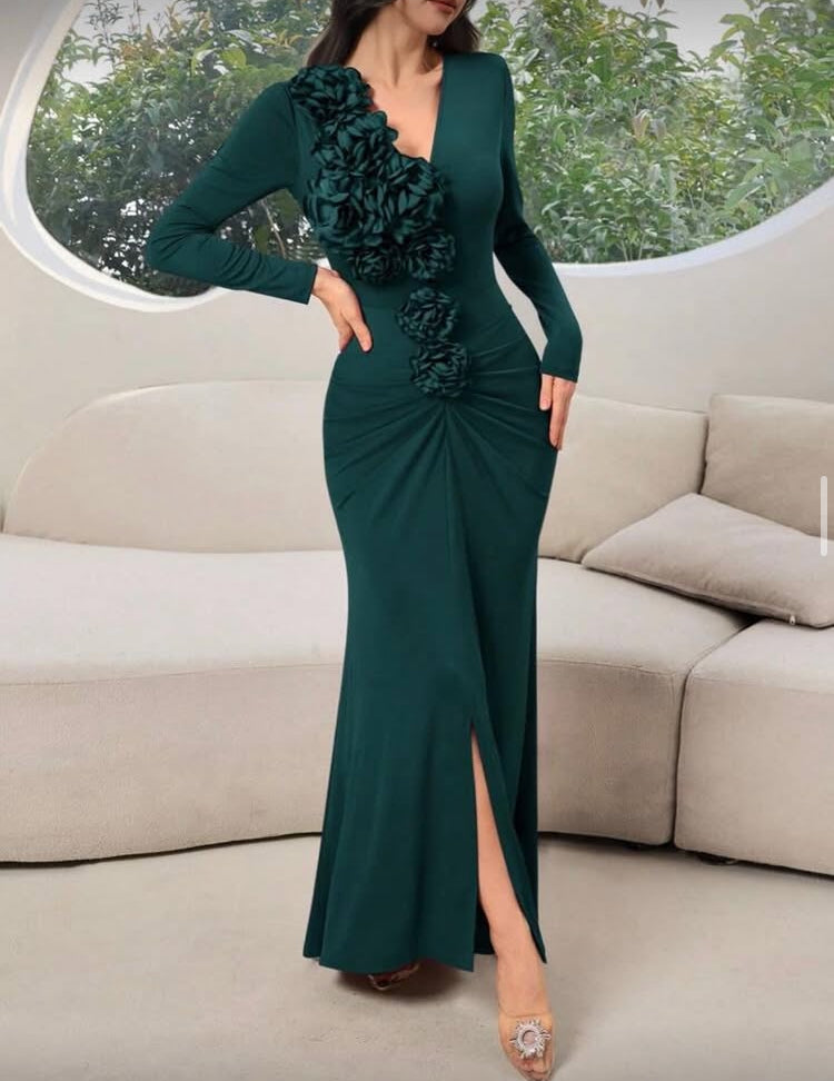 Modelyn Women's Solid Color 3D Floral Decor Slit Hem Elegant Dress.