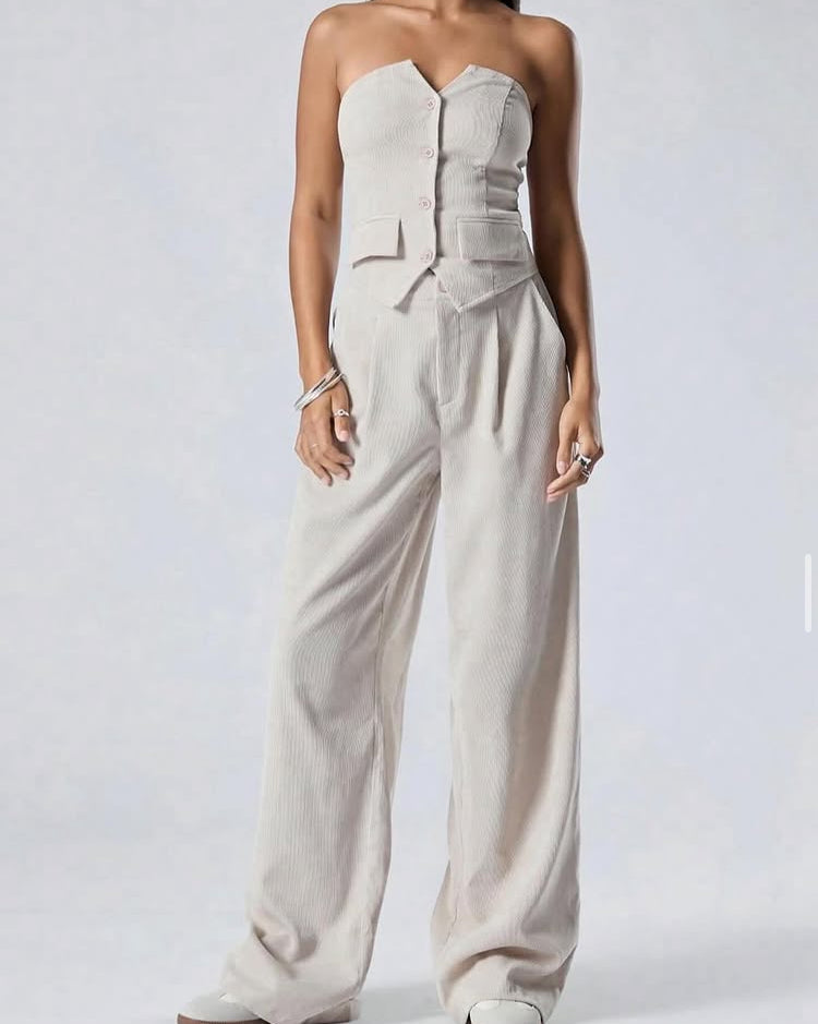 Women's Summer Business Casual Office Set,Stripe Deep V-Neck Button Sleeveless Vest&Classic Pocket Long Pants,French Commuter Slim Fit dress.