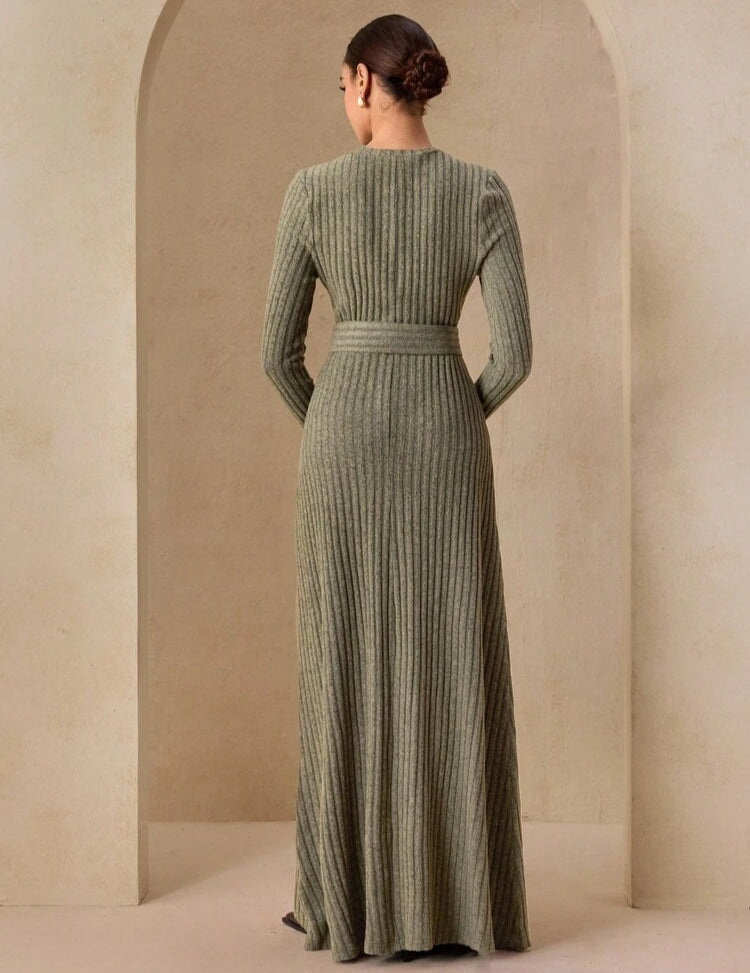 Graceveil Autumn Green Knitted Fuzzy Textured Fabric Metal Decor Casual Dress