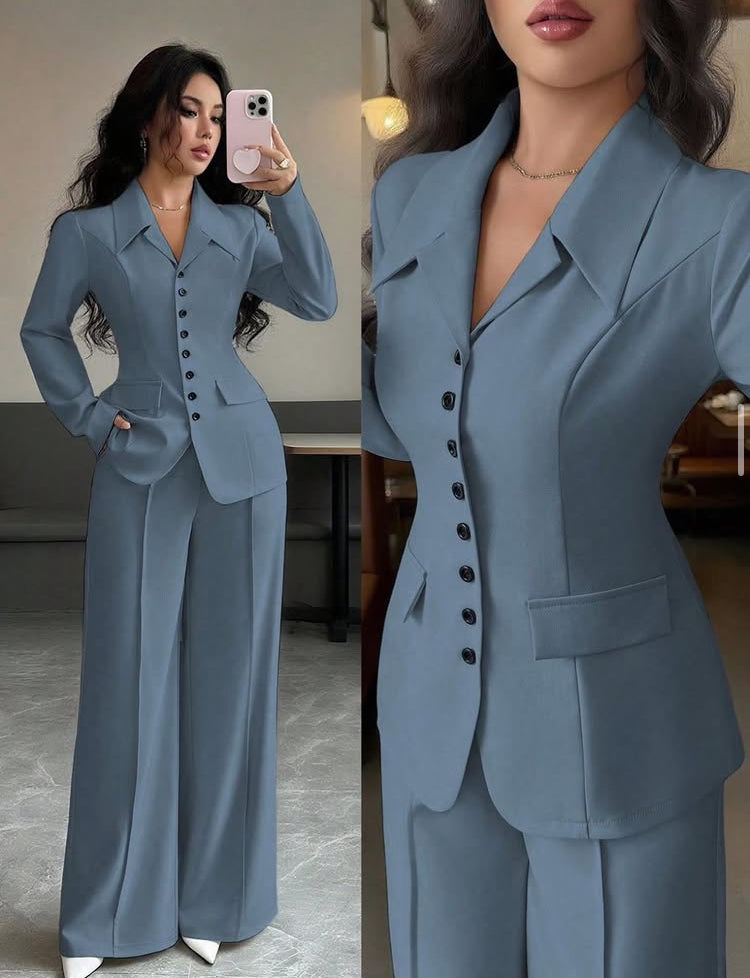 Elenzga Women's Dusty Blue 2-Piece Set,Autumn Elegant Office Professional Outfit,V-Neck Blazer Design Contrast Color Button Fake Pocket Teacher Uniform
