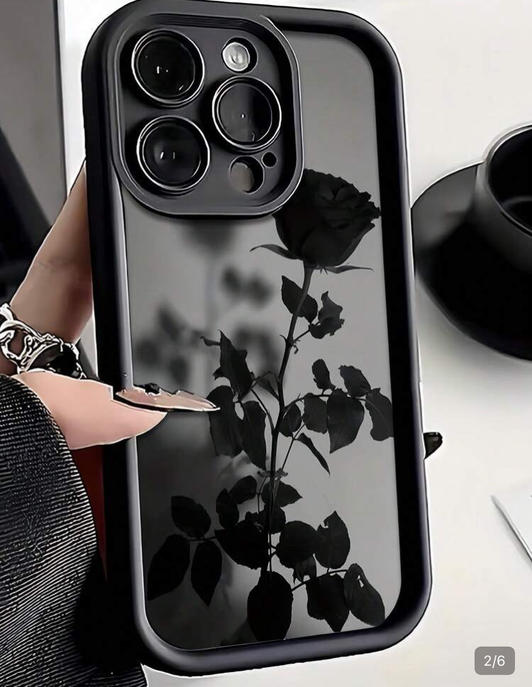12-Pro-Max Flower TPU Black Fashion Phone Premium Case 1pc Black Rose Pattern Full Coverage Shockproof Phone Case Compatible With Apple 16, 15, 14, 13, 12, 11 Pro Max Waterproof Anti-Fall Scratch Resistant International Version Not The Domestic Version B
