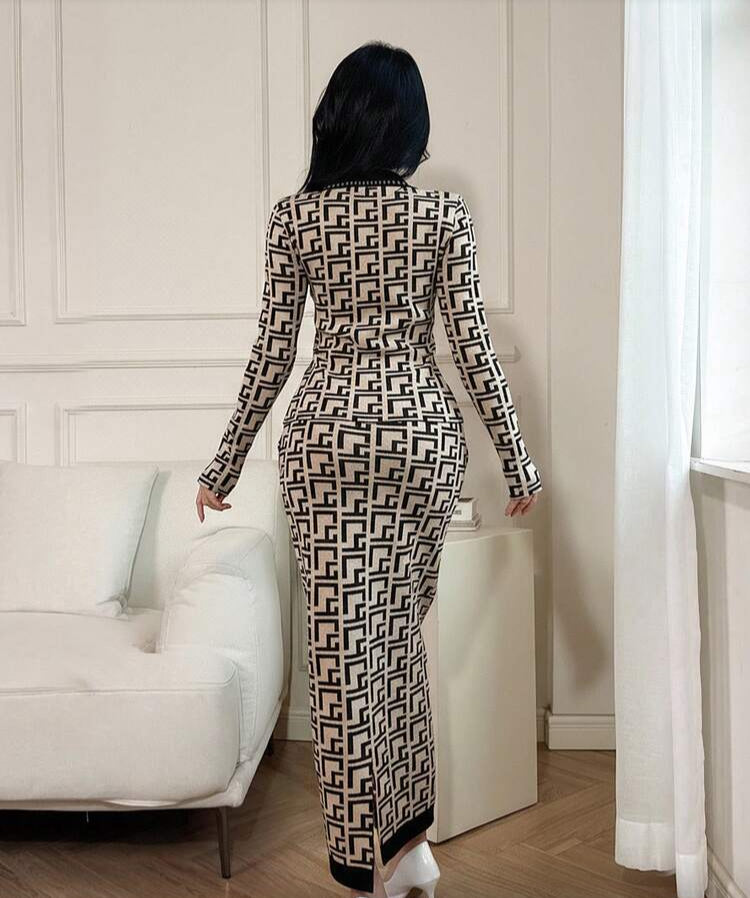 Women's Geometric Pattern Collar Button Design Sweater And Long Knit Midi Skirt 2 Pieces Set,2 Pieces Set