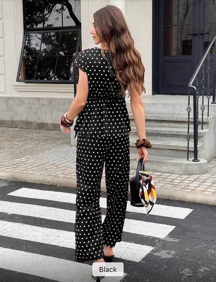 Women's V-Neck Polka Dot Print Short Sleeve Top And Pants 2 Pieces Set