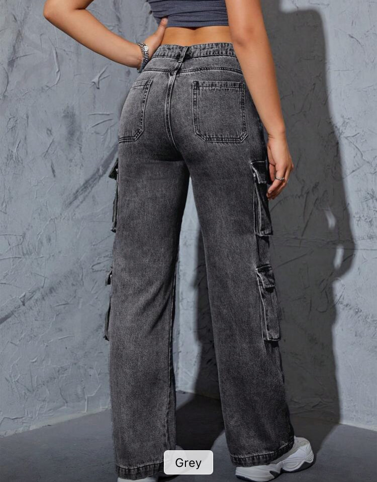 Flap Pocket Side Cargo Jeans Casual Spring Fall