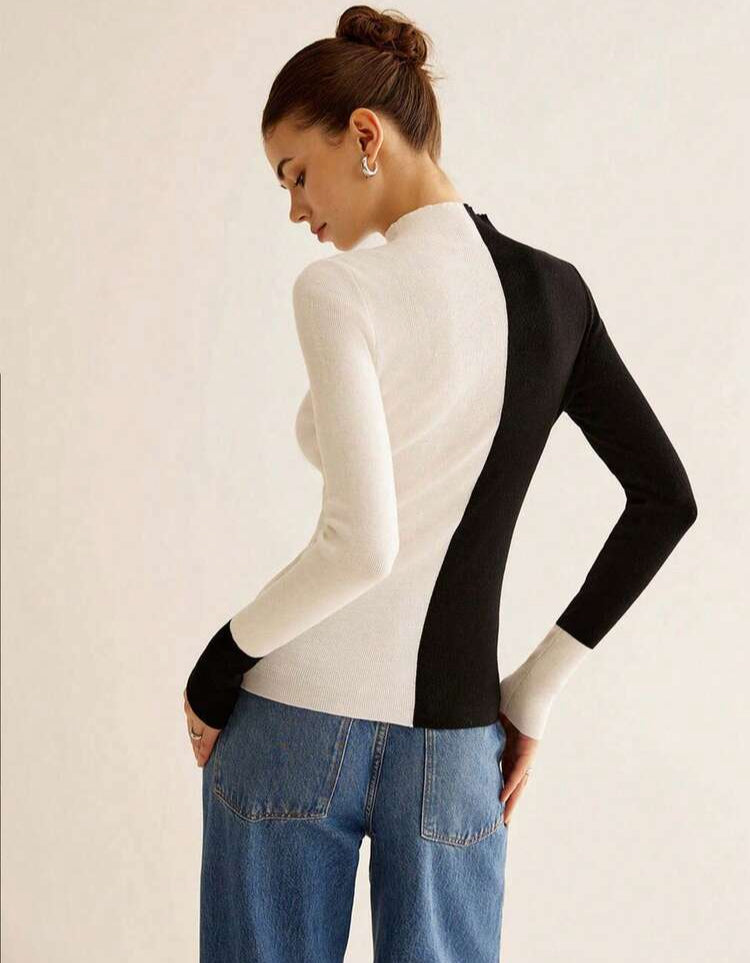 Color-Blocked Half Turtleneck Knitted Base Shirt For Women, Spring And Autumn Slim-Fit, Flattering Stretchy Long-Sleeve Top With Niche Design