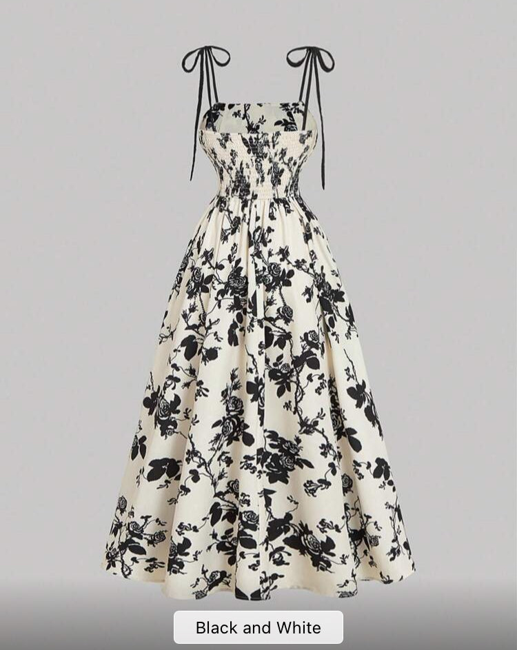 Women Black And Cream Floral Summer Elegant Romantic Vintage Old Money Brunch Garden Party Vacation Wedding Cami Dress, Renaissance Retro Flower Print 👉 (30% advance payment) vibrant vogue (last picture for size chart)