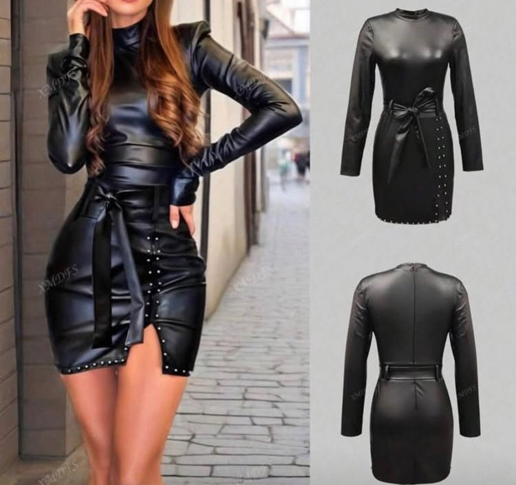 Women's Lightweight Polyester Material Ultra Short Fitted Dress, Fashion Casual Solid Color PU Long Sleeve Mini Bodycon Dress Elegant Black Fall