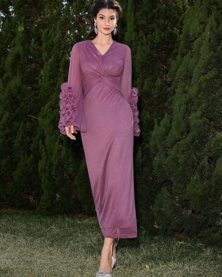 Women Solid Color Round Neck Flare Sleeve Elegant Dress