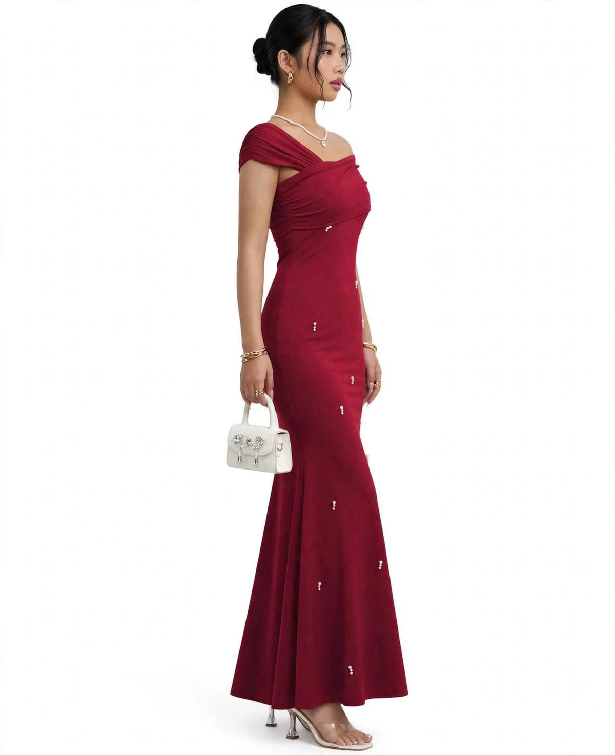 Elegant & Luxurious Asymmetrical Neckline Red Straight Beaded Mermaid Dress For Women.