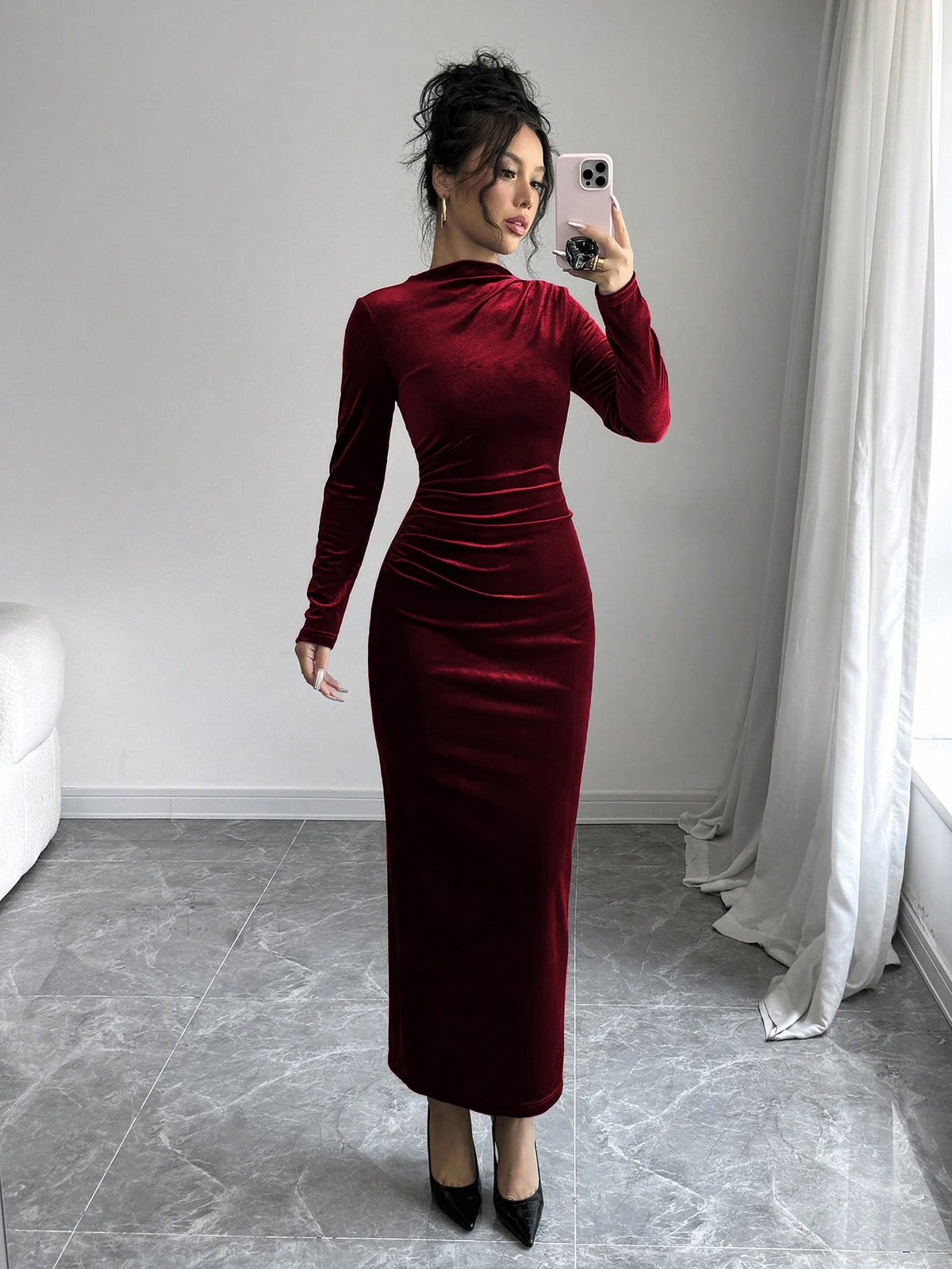 Women Elegant Velvet Asymmetric Ruffle Split Hem Dress Burgundy Maxi Women Outfit Fall Cloth For Women