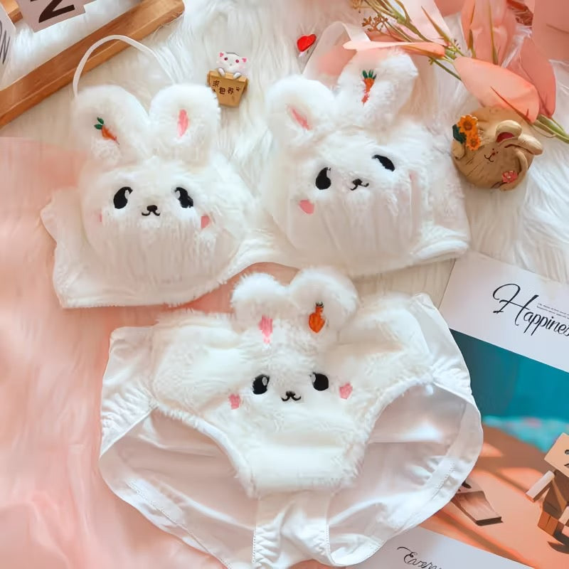 Women/Girls' Plush Rabbit Underwear Set for Women, Japanese Style, Cute, Wire-Free, Push-Up Bra,