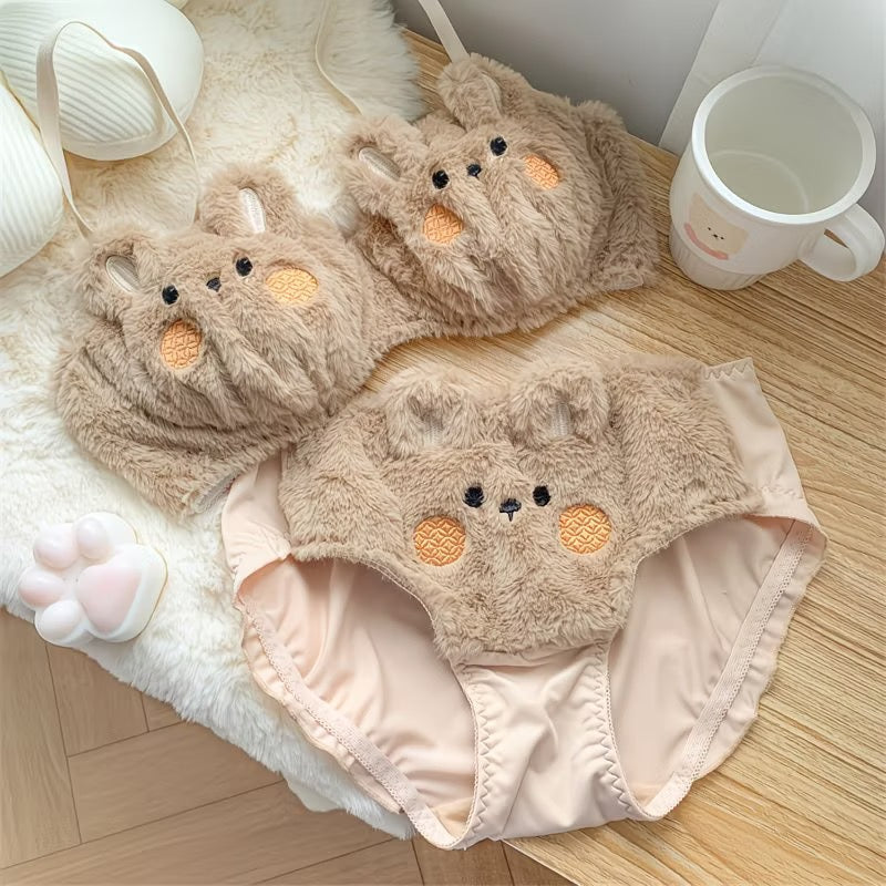 Women/Girls' Plush Rabbit Underwear Set for Women, Japanese Style, Cute, Wire-Free, Push-Up Bra,