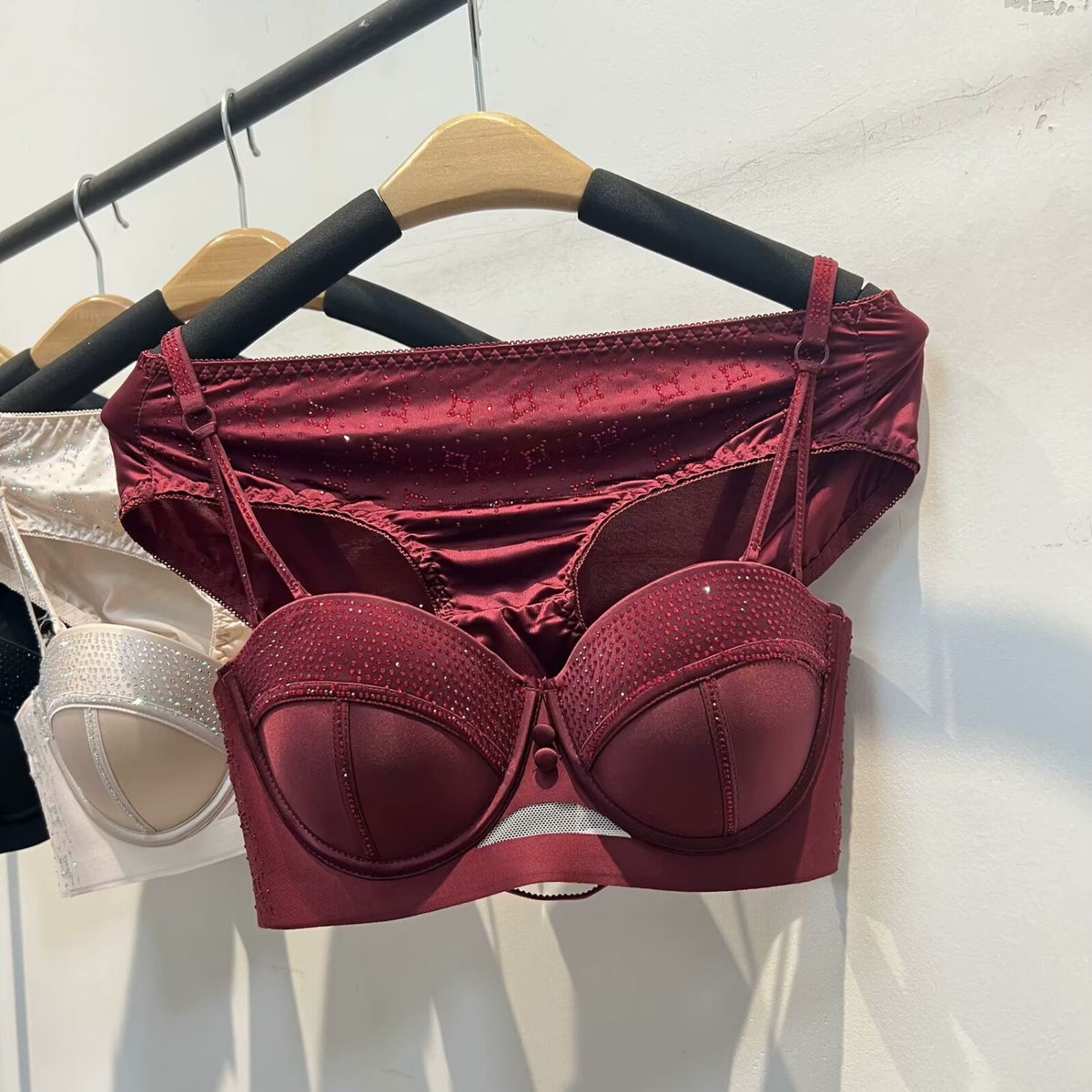 Heavy-duty rhinestone European and American style sexy lace half-cup bra for women, satin, push-up, thin, anti-sagging bra set