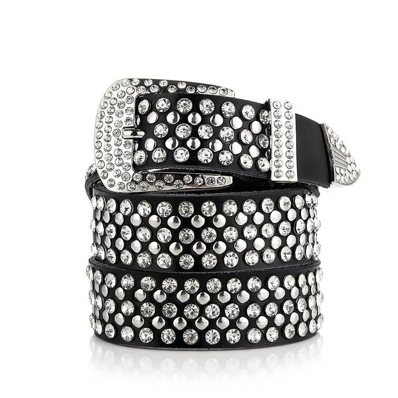 Genuine leather belt with rhinestone embellishments, fashionable white design, women's pin buckle, wide rivet belt for jeans.