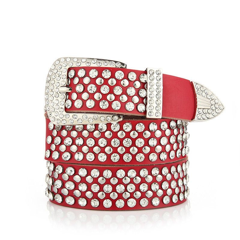 Genuine leather belt with rhinestone embellishments, fashionable white design, women's pin buckle, wide rivet belt for jeans.
