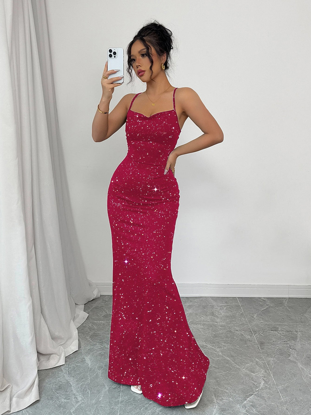 Women's Elegant Banquet Glitter Spaghetti Strap Open Back Mermaid Dress,