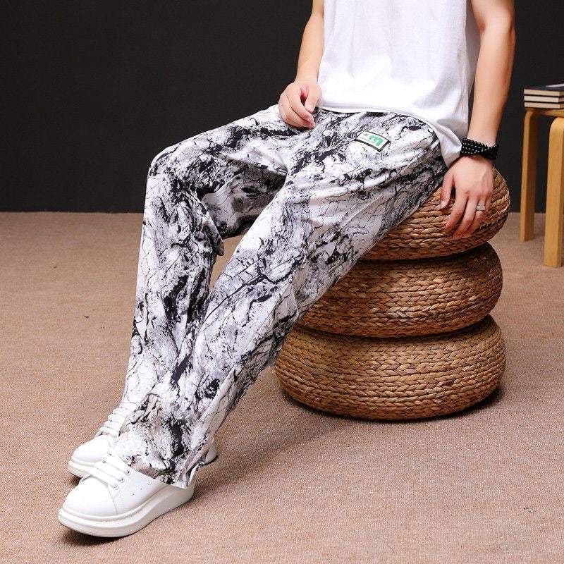 Men's Ice Silk Floral Pants, Summer New Style, Loose Fit, High Elasticity, Wide Leg, Straight Leg, Printed, Trendy, Moisture-wicking