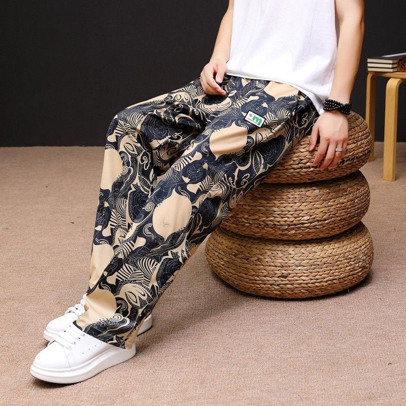 Men's Ice Silk Floral Pants, Summer New Style, Loose Fit, High Elasticity, Wide Leg, Straight Leg, Printed, Trendy, Moisture-wicking